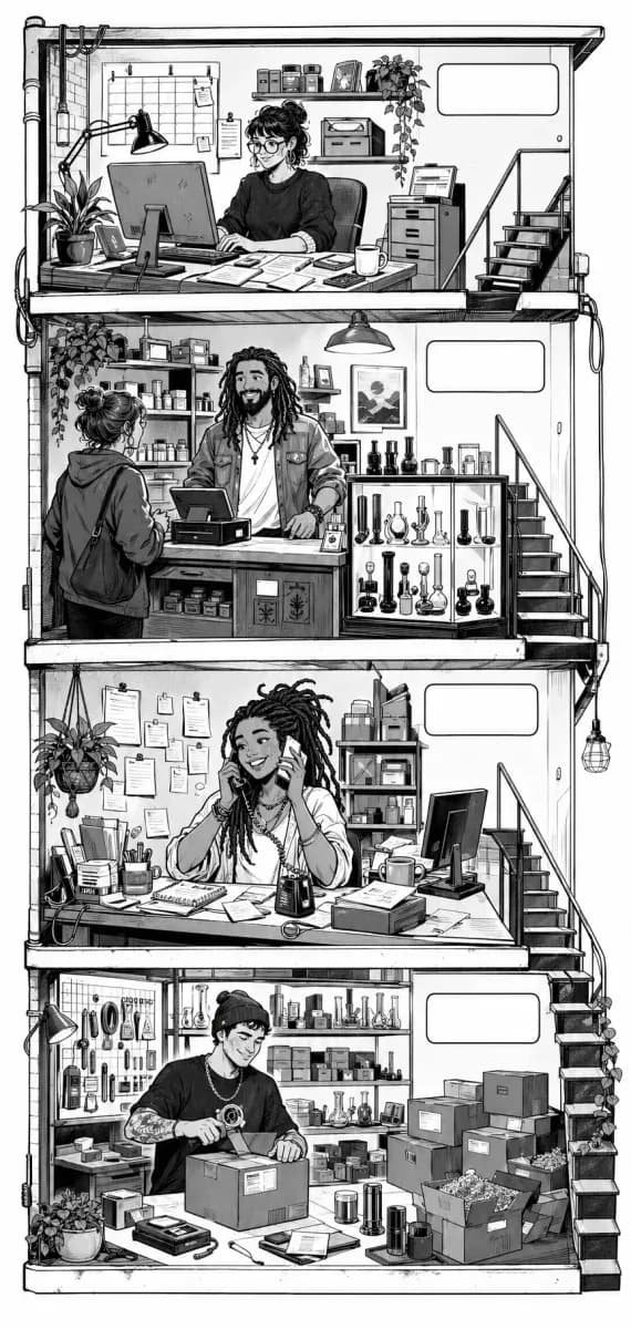InOne Headshop — Team-Comic: unser Laden, unsere Crew, unser Stil