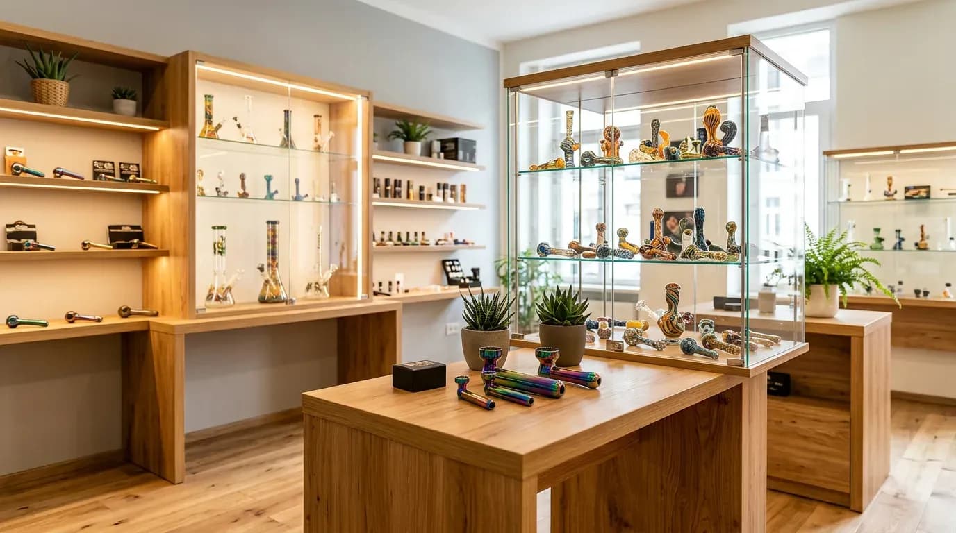 Persönliche Pfeifen-Beratung im InOne Headshop Köln — Glasvitrine mit Premium-Sortiment