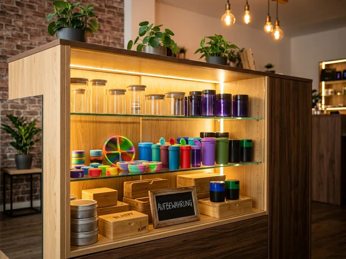 Persönliche Aufbewahrungsberatung im InOne Headshop Köln — Vitrine mit Aufbewahrungssortiment