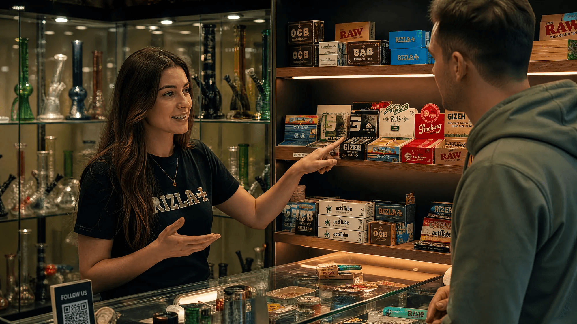 Persönliche Blättchen-Beratung im InOne Headshop Köln — Mitarbeiter zeigt Kunden RAW Rolling Papers