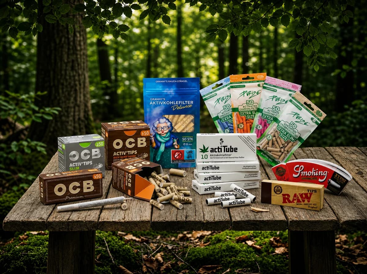 Rolling Papers Zubehör: Filtertips, Aktivkohlefilter PURIZE, RAW Tips und Rolling Tray — komplettes Dreh-Setup