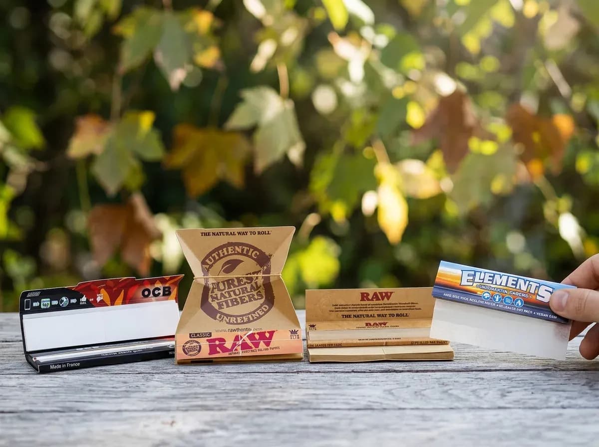 Rolling Papers Material-Vergleich: Hanfpapier, Reispapier und Zellulose-Blättchen nebeneinander mit sichtbaren Unterschieden