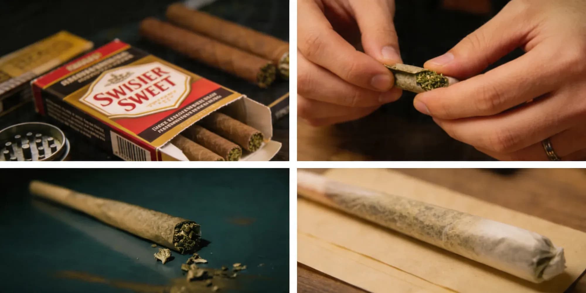 Swisher Sweet Blunt rollen — 4-Panel Collage mit Packung, Rolling-Prozess und fertigen Blunts