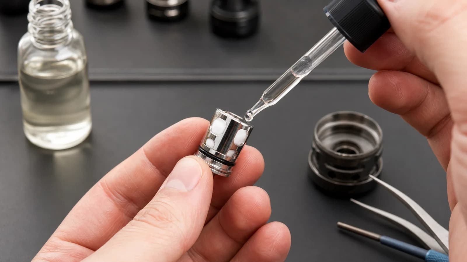 E-Liquid-Tropfen auf neuem Mesh-Coil, Makroaufnahme