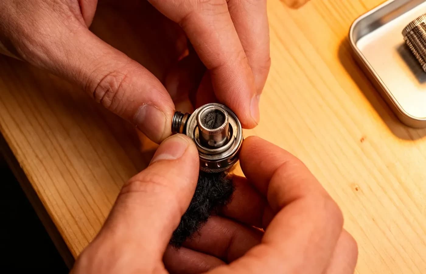Coil-Wechsel Step 2 — verbrauchten Mesh-Coil aus Tank-Base herausschrauben Nahaufnahme