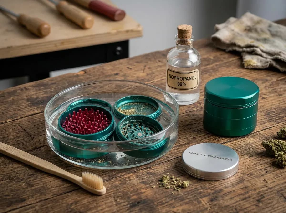 Grinder Reinigung mit Isopropanol: Zerlegter Grinder in Isopropylalkohol-Bad mit Zahnbürste und Reinigungstuch