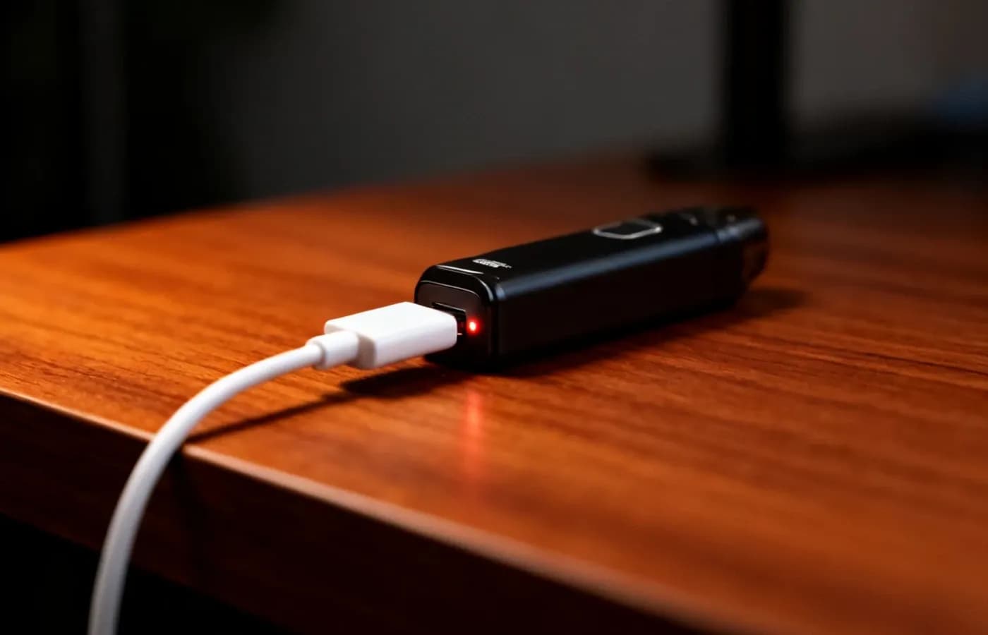 Pod-System mit eingestecktem USB-C-Ladekabel auf Holztisch